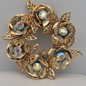 Floral Wreath Vintage Gold-Tone Brooch Flowers w/ AB Rhinestones 1.5”